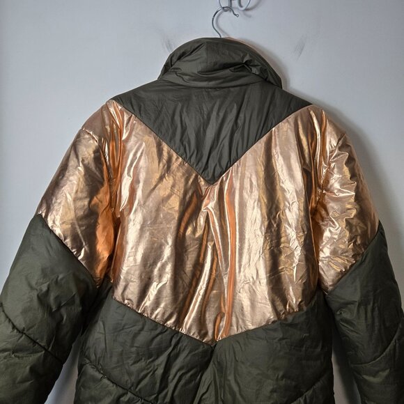 FREE PEOPLE Size XS Reversible Nylon Puffer Oversized Metallic Gold Green Coat - Picture 8 of 16